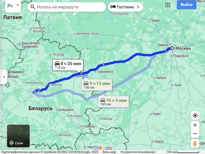 Маршрут поездки из Москвы в Минск на автомобиле, расстояния