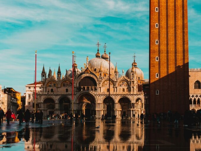 Puddles in St. Mark's Square - heavy rains in Venice and in spring